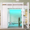 Hochbett mit LED-Streifen, Kleiderstange, Schreibtisch, Lattenrost, Leiter, Schubladen, Schrank, Regal, Rausfallschutz und USB, 90x200 cm, Kinderbett, Kiefer Bild 3