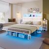 Flieks Doppelbett 140x190cm mit 2 ausziehbaren Nachttischen, USB/Type-C & LED, Metallgestell, Kopfteil mit Polsteraufsatz & großem Stauraum, Weiß Bild 2