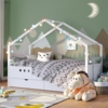 Bellabino 'Bela' Hausbett 90x200 cm mit großer Schublade, weiß, Kiefer Massivholz, Montessori Kinderbett mit Stauraum, inkl. Rausfallschutz und Lattenrost