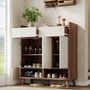 Flieks Schuhschrank mit 2 Schubladen, 3 Türen und 2 offenen Fächern Weiß+Natur (90x35x100 cm, 1-St) Mehrzweckschrank Schuhkommode mit verstellbarer Einlegeböden Holzoptik Bild 3