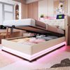 Merax Kinderbett Polsterbett 90*200cm, Mit farbwechselnden Lichtern und USB-Steckdose, Kopfteil aufklappbar, Mit Hydraulischem Stauraum, Mit Handytasche, Multifunktionales Einzelbett, Leinenstoff Beige Bild 3