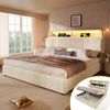 Polsterbett 140x190 cm mit Bettkasten, LED, USB/Type-C, höhenverstellbarem Kopfteil, Samt Beige, ohne Matratze Bild 1