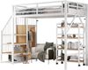 Hochbett 90x200 cm, Metalll‑MDF-Konstruktion mit Sicherheitsgeländer, Eckleiterschrank und rollbarem Regal, Weiß+Natur Bild 4