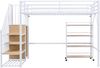 Hochbett 90x200 cm, Metalll‑MDF-Konstruktion mit Sicherheitsgeländer, Eckleiterschrank und rollbarem Regal, Weiß+Natur Bild 5