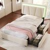 Polsterbett 90×200 cm mit höhenverstellbarem Kopfteil, LED-Beleuchtung, 2 Schubladen, Leinenstoff Beige Bild 3