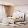 Kinderbett 140x200 mit LED Beleuchtung und 4 Schubladen Muschel Krone Design Weiß PU-Leder Stauraum RGB Licht Märchenbett Prinzessin König Sicher Stabil 250kg Tragkraft für magisches Schlafzimmer Bild 2