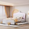 Kinderbett 140x200 mit LED Beleuchtung und 4 Schubladen Muschel Krone Design Weiß PU-Leder Stauraum RGB Licht Märchenbett Prinzessin König Sicher Stabil 250kg Tragkraft für magisches Schlafzimmer Bild 2