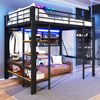 Hochbett, 140 x 200 cm, Eisenrahmen, Ablagefach, Netz zum Aufhängen von Gegenständen, mit Kleiderstange, offener Raum unter dem Bett, mit LED-Lichtleiste, ohne Matratze, Schwarz Bild 5