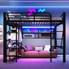 Hochbett, 140 x 200 cm, Eisenrahmen, Ablagefach, Netz zum Aufhängen von Gegenständen, mit Kleiderstange, offener Raum unter dem Bett, mit LED-Lichtleiste, ohne Matratze, Schwarz Bild 4