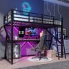 Hochbett mit Schreibtisch und LED-Beleuchtung, 90x200 cm, Metallbett mit Rausfallschutz, Jugendbett, Kinderbett Bild 3