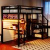 Metall-Hochbett 90 x 200 cm, Mit Lichtleiste und Ladebuchse, Mit Stauraumleiter und einfachem Kleiderschrank, Komplett mit Regalen, Schreibtisch und Gitterregal, Schwarz Bild 3
