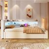 Merax Einzelbett, Polsterbett, Daybett, 90 x 200 cm (180 x 200 cm), Sofabett mit Ziehbett, Mit USB Typ-C Ladefunktion, LED-Beleuchtung, Leinen, Beige Bild 5