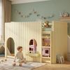 Merax Hochbett 90x200cm, Etagenbett, Kinderbett mit Zäune, mehrfarbige LED-Lichtleisten, dreistufige gerade Leiter, gewölbten Fenstern, kleines Ablagefach, Kiefer+MDF, Natur Bild 3