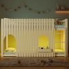 Merax Hochbett 90x200cm, Etagenbett, Kinderbett mit Zäune, mehrfarbige LED-Lichtleisten, dreistufige gerade Leiter, gewölbten Fenstern, kleines Ablagefach, Kiefer+MDF, Natur Bild 5
