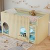Merax Hochbett 90x200cm, Etagenbett, Kinderbett mit Zäune, mehrfarbige LED-Lichtleisten, dreistufige gerade Leiter, gewölbten Fenstern, kleines Ablagefach, Kiefer+MDF, Natur Bild 2