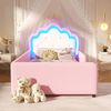 Merax Polsterbett, 90x190 cm, Einzelbett, Kinderbett, Mit LED-Lichtleiste, Prinzessinnenbett in Kronenform, Sicherheitsgitter, PU, Rosa Bild 3