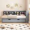 Merax Daybett Schlafsofa 90*200, Ausziehbares Bett 90*190 mit USB-Steckdose und mehreren Ablagefächern, Massivholzbett, Einzelbett, Holz-Multifunktionsbett, Grau Bild 3