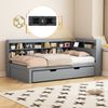 Merax Daybett Schlafsofa 90*200, Ausziehbares Bett 90*190 mit USB-Steckdose und mehreren Ablagefächern, Massivholzbett, Einzelbett, Holz-Multifunktionsbett, Grau Bild 2
