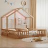 Merax Kinderbett 90 × 200 cm, Freistehendes Doppelbett, Hausdesign Mit Fenstern und Schornstein, Mit LED-Beleuchtung, Sicherheitsgeländer und Ablageflächen, komplett Mit Lattenrost, Holzfarbe Bild 3