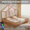 Merax Kinderbett 90 × 200 cm, Freistehendes Doppelbett, Hausdesign Mit Fenstern und Schornstein, Mit LED-Beleuchtung, Sicherheitsgeländer und Ablageflächen, komplett Mit Lattenrost, Holzfarbe Bild 5