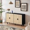 Sideboard 158 x 40 x 88 cm mit 4 Rattantüren, schwarze Kommode aus Spanplatte mit Massivholzbeinen Bild 2