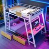 Merax Etagenbett 90×200cm, Kinderbett integrierter Gaming-Schreibtisch mit Steckdosen, USB- und Type-C-Anschlüssen, mit LED-Lichtband, zwei Aufbewahrungskörben, Weiß Bild 3