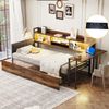 Eisen-Sofabett, LED-Beleuchtung, Stauraum, Schubladen, multifunktionale Steckdose, ausklappbarer Schreibtisch, weiche Rückenlehne, Einzelbett, Holzfarbe, 90 × 200 cm Bild 5