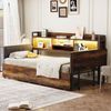 Eisen-Sofabett, LED-Beleuchtung, Stauraum, Schubladen, multifunktionale Steckdose, ausklappbarer Schreibtisch, weiche Rückenlehne, Einzelbett, Holzfarbe, 90 × 200 cm Bild 2