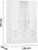 rauch Kleiderschrank; Drehtürenschrank CELLE, 3-türig, 1 Spiegeltüre, 6 Schubkästen, Hochglanz alpinweiß, 136x197x54xcm Bild 4