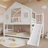 Merax Etagenbett, mit Kinderrutsche, Exquisites Fenster- und Dachdesign, Stabiler Lattenrost und Stufen, Holz Weiß, 90x200 cm Bild 2