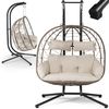Juskys Doppelhängesessel Aria - Polyrattan Hängesessel mit Gestell & Kissen - Schaukel für zwei Personen - Outdoor Indoor Sessel - XXL Korb Beige Bild 2
