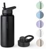 Vinsun Isolierflasche Edelstahl Trinkflasche 750ml Strohhalm - 2 Deckel Thermoflasche, BPA frei, doppelwandig, auslaufsicher, bruchsicher, geruchsneutral Bild 2