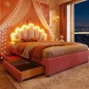 Prinzessinbett mit LED-Beleuchtung und Schubladen, 140x200cm, höhenverstellbarer Kopfteil, Mädchenbett, Polsterbett für Mädchen, Doppelbett Bild 2