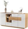 Modernes Sideboard-Schrank mit viel Stauraum, mit LED-Beleuchtung, 160x40x77cm, 2 Türen, 4 Schubladen, Glasablage, Holzoptik, Weiß,Wohnzimmermöbel, Organizer, Kommode, Mehrzweckschrank. Bild 1
