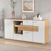 Modernes Sideboard-Schrank mit viel Stauraum, mit LED-Beleuchtung, 160x40x77cm, 2 Türen, 4 Schubladen, Glasablage, Holzoptik, Weiß,Wohnzimmermöbel, Organizer, Kommode, Mehrzweckschrank. Bild 3
