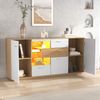 Modernes Sideboard-Schrank mit viel Stauraum, mit LED-Beleuchtung, 160x40x77cm, 2 Türen, 4 Schubladen, Glasablage, Holzoptik, Weiß,Wohnzimmermöbel, Organizer, Kommode, Mehrzweckschrank. Bild 4