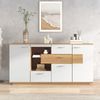 Modernes Sideboard-Schrank mit viel Stauraum, mit LED-Beleuchtung, 160x40x77cm, 2 Türen, 4 Schubladen, Glasablage, Holzoptik, Weiß,Wohnzimmermöbel, Organizer, Kommode, Mehrzweckschrank. Bild 5