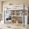 Merax Hochbett 90x200cm , Mit Stoff-Aufbewahrungsbox, Reichlich Stauraum, Mit seitlicher Leiter, Offenes Regal, Jugendbett mit Schreibtisch und Schließfächern, Kiefer+MDF, Weiß+Grau Bild 3