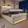 Merax Polsterbett Einzelbett 90x200cm, mit LED-Leuchten,Stauraum-Kopfteil mit USB- und Typ-C-Anschlüssen, Hydraulisches Stauraumbett, Samt, Beige Bild 3