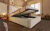 Polsterbett 90x200 cm mit Stauraum, Ladestation & Becherhalter – Einzelbett aus Leinen in Beige inkl. Matratze Bild 2
