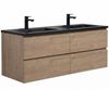 Badplaats Badmöbel Set mit Waschbecken und Unterschrank Angela 140 x 48 cm Kastanien Eiche - Waschbeckenunterschrank mit Soft-Close und Schwarze Doppelwaschbecken Bild 1