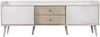 TV-Ständer 160 cm Weiß & Holz, Sideboard mit gestreiften Schiebetüren, zwei Schubladen, Massivholzbeine Bild 5
