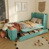 Kinder Polsterbett Einzelbett, klappbarer Seitenablage, Stauraum Schublade, Burg-Deisign, Weiche Antikonllisions-Katen, Französischer Samt, Blaugrün, 90x200 cm Bild 2