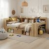 Merax Kinderbett, 90x200cm Daybett, Einzelbett, Tagesbett, Stauraumbett mit LED-Beleuchtung, USB Ladeanschlüsse und Schreibtisch, mit Regale & Schubladen, Naturfarbe Bild 3