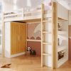 Hochbett, 90x200cm, Mit LED-Leuchten, Kleiderschrank, Regal, ohne Matratze, Weiß+Natur Bild 2
