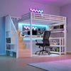 Hochbett mit RGB LED-Streifen, Schreibtisch, Treppe, Regal, Wandgitter, USB, Type-C, 90x200cm, Kinderbett, Metallbett Bild 3