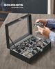 SONGMICS Uhrenbox mit 12 Fächern, Uhrenkasten, Glasdeckel, Uhrenkoffer mit herausnehmbaren Uhrenkissen, Premium-Uhrenschatulle, PU-Bezug in Schwarz, Samtfutter in Grüngrau BWJ12BK Bild 1
