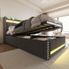 Kinder Polsterbett 90x200 cm Leinen Beige Grau mit LED Beleuchtung USB Anschluss und Hydraulik Stauraum Jugendbett Bild 4