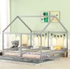 Bett 90x200 cm 2-in-1 Hausbett für Kinder mit Geländer – Grau, Kiefernholz Bild 4