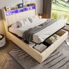 Polsterbett 160x200 cm Beige Leinen mit LED Beleuchtung USB C Ladestation und Hydraulik Stauraum Doppelbett Bild 2